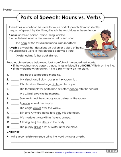 Worksheets - Parts of Speech: Nouns vs. Verbs