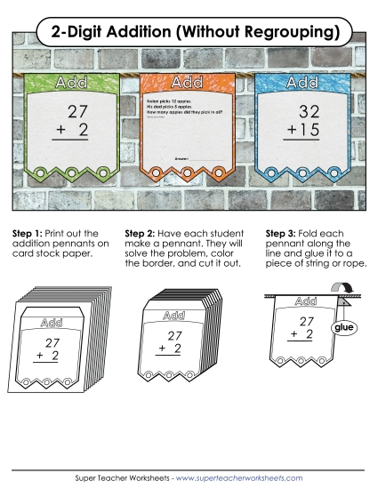 Addition (No Borrowing) - Pennants: 2-Digit Addition (Without Regrouping) 