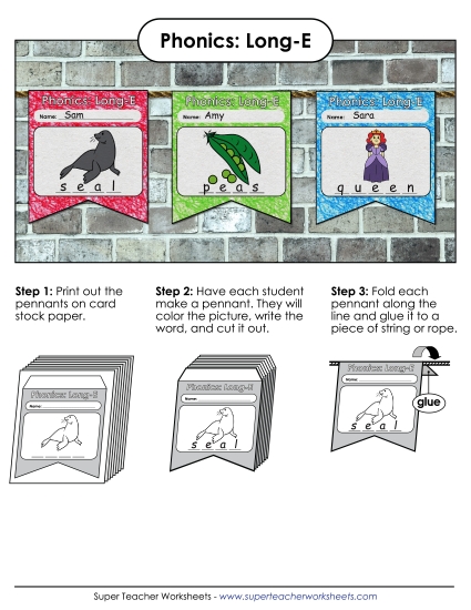 Cut and Glue Activities - Pennants (Long E Words)
