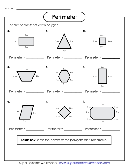 Basic (Simple Shapes & Whole Numbers) - Perimeter Polygons Worksheet Basic (Simple Shapes & Whole Numbers) - Perimeter Polygons Worksheet