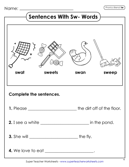 Worksheets - Phonics Blends: Sentences with SW Words