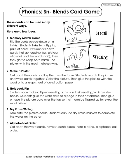 Games & Learning Centers - Phonics Card game (Sn- Words) 