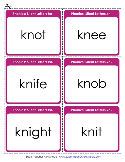 Flashcards, Slider, Word Wheel - Phonics Flashcards: Kn Words (Printable PDF Worksheet)