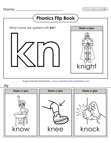 Cut & Paste Activities - Phonics Flip Book: Kn- Words. (Printable PDF Worksheet)