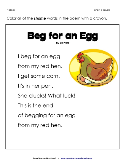 Worksheets - Phonics Poem: Beg for an Egg