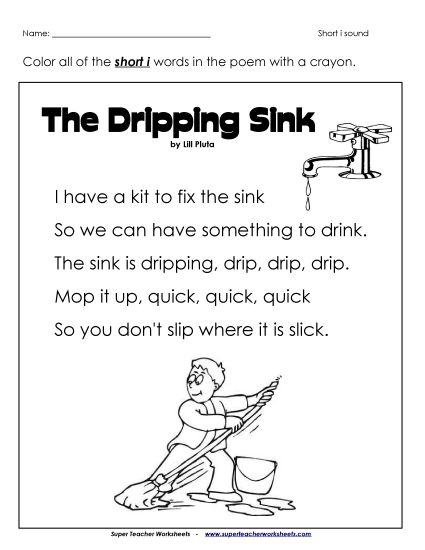 Kindergarten - 1st Grade  Phonics Poems - Phonics Poem: Dripping Sink