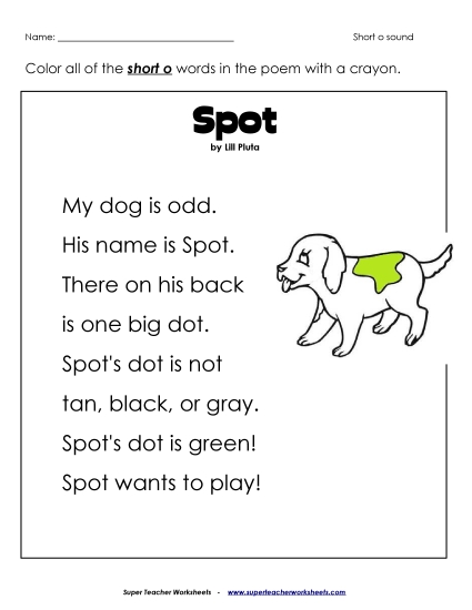 Kindergarten - 1st Grade  Phonics Poems - Phonics Poem: Spot