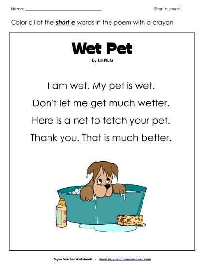 Worksheets - Phonics Poem: Wet Pet