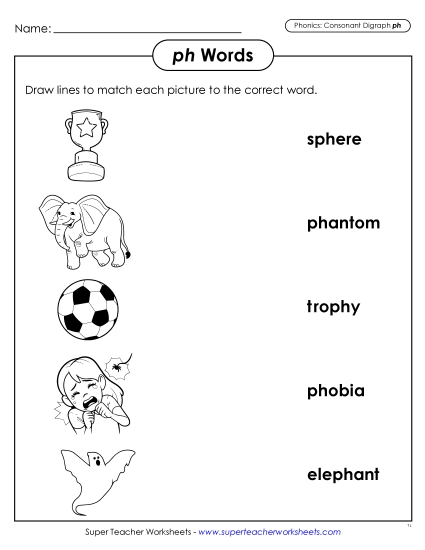 Worksheets  - Picture Match (PH Words) (Printable PDF Worksheet)