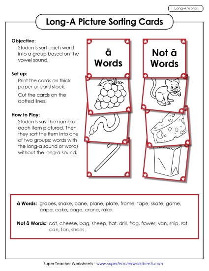 Games & Learning Centers - Picture Sorting Cards: (Long A Words) Games & Learning Centers - Picture Sorting Cards: (Long A Words)