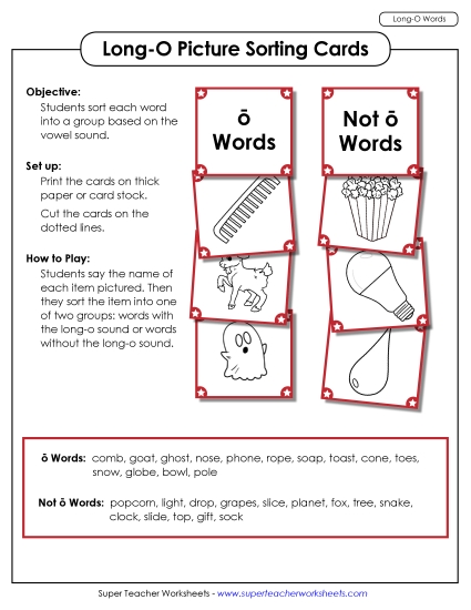 Games & Learning Centers - Picture Sorting Cards: (Long O Words) Games & Learning Centers - Picture Sorting Cards: (Long O Words)
