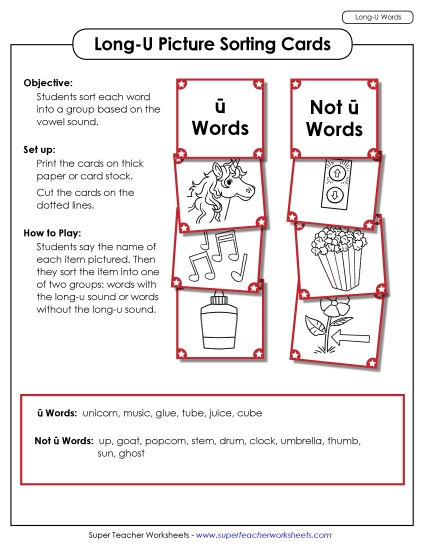 Games & Learning Centers - Picture Sorting Cards (Long U Words)