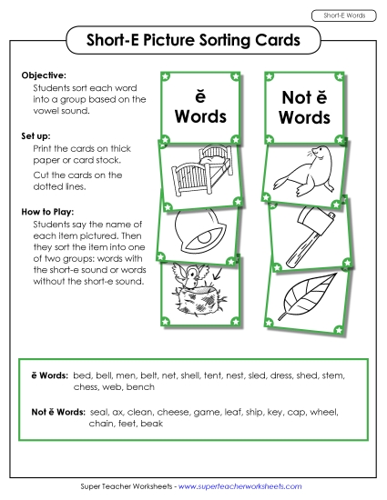 Games & Learning Centers - Picture Sorting Cards: (Short E Words)