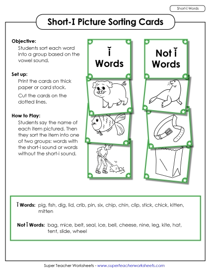 Games and Learning Centers - Picture Sorting Cards: (Short I Words)