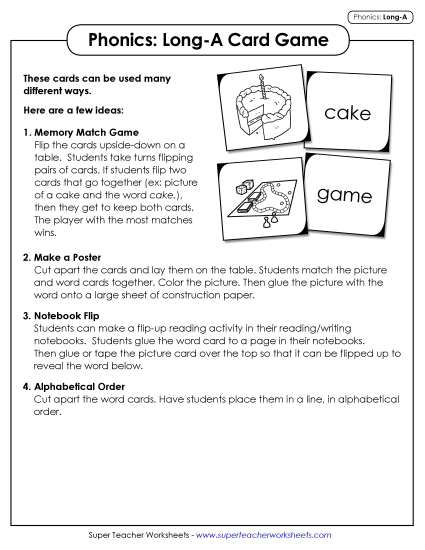 Games & Learning Centers - Picture-Word Match Game (Long A Words)