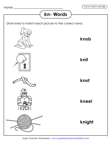 Worksheets - Picture-Word Match (Kn- Words) (Printable PDF Worksheet)