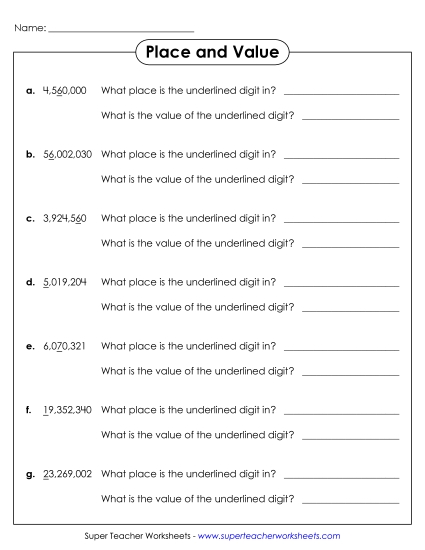 Place Value - Place and Value Worksheet (8-Digits)