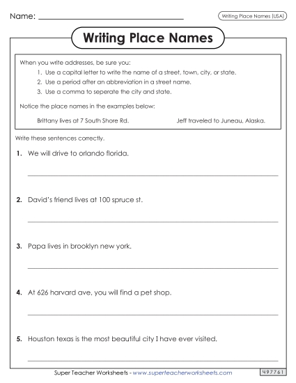Date and Place Name Worksheets - Place Names