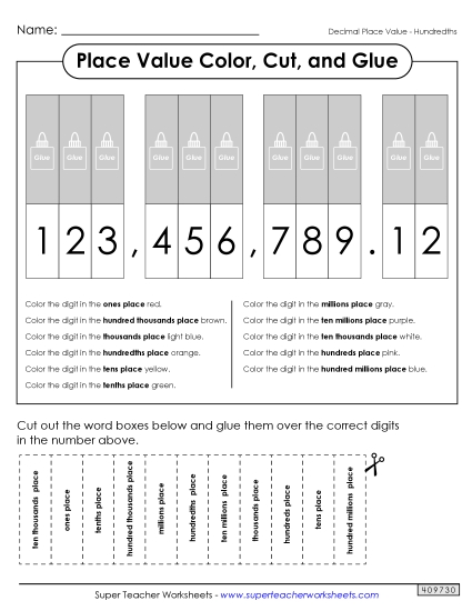 Decimals to Hundredths - Place Value: Color, Cut, and Glue (Hundredths) Decimals to Hundredths - Place Value: Color, Cut, and Glue (Hundredths)