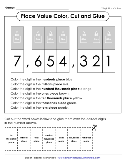 Place Value - Place Value Color, Cut, & Paste Activity (7-Digits)