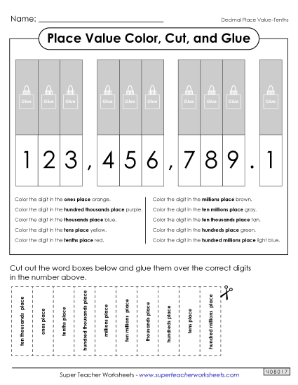 Decimal Place Value - Place Value Cut & Glue (Tenths)