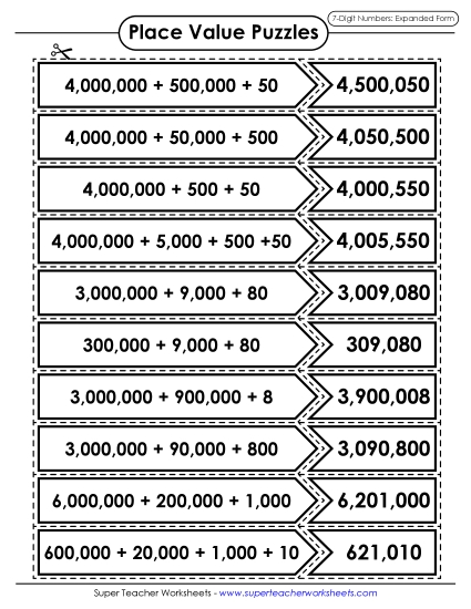Place Value - Place Value Puzzle Match (7-Digit) 