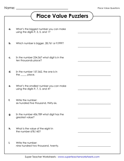 Place Value - Place Value Puzzlers