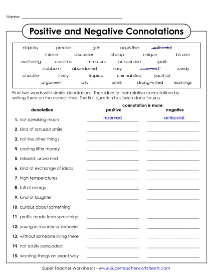 Identifying Positive & Negative Connotation - Positive and Negative Connotation Word Pairs (Printable PDF Worksheet)