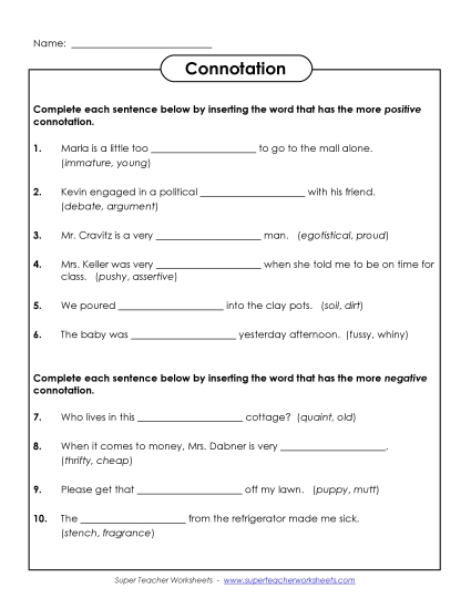 Worksheets - Positive & Negative Connotations Choose the Word