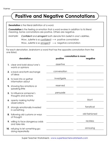 Changing Connotations - Positive and Negative Connotations (Printable PDF Worksheet)