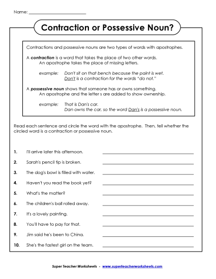 Worksheets - Possessive Noun or Contraction? Worksheets - Possessive Noun or Contraction?