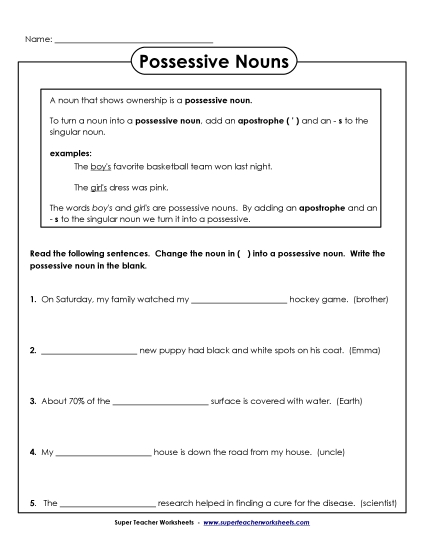 Singular Possessive Only (Basic) - Possessive Sentences