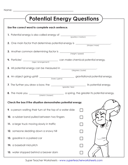 Potential & Kinetic Energy - Potential Energy Questions (Printable PDF Worksheet)