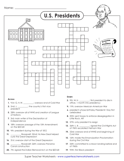 Puzzles - Presidents Crossword Puzzle (Printable PDF Worksheet)
