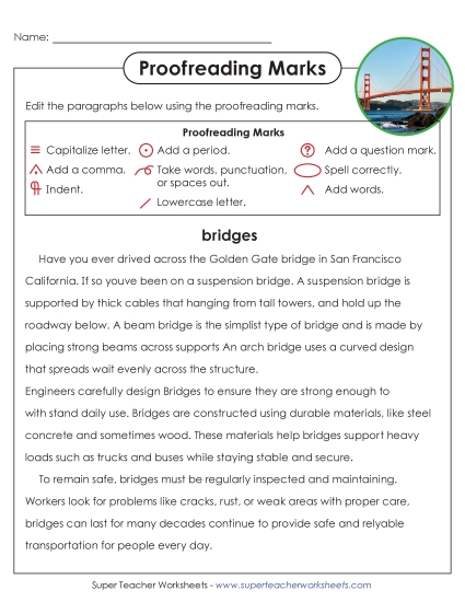 Advanced Editing Passages (5th–8th Grade) - Proofreading: Bridges (Printable PDF Worksheet)