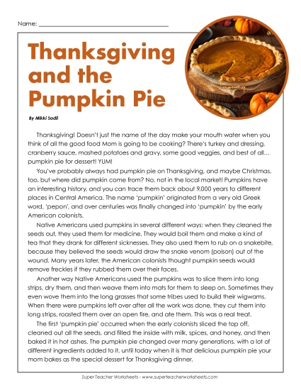 Thanksgiving Reading Comprehension - Pumpkin Pie (Non-Fiction) Thanksgiving Reading Comprehension - Pumpkin Pie (Non-Fiction)
