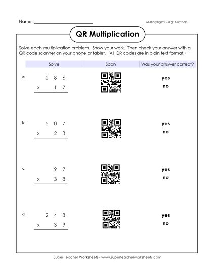 3-Digit Times 2-Digit Worksheets - QR Code Multiplication (3-Digit by 2-Digit)