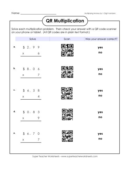 Money Times 1-Digit Worksheets - QR Code Multiplication (Money) Money Times 1-Digit Worksheets - QR Code Multiplication (Money)