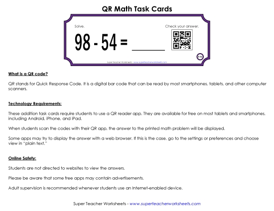 2-Digit Subtraction (With Borrowing) - QR Code Task Cards (2-Digit)