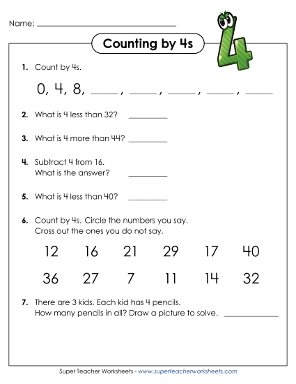 Skip Counting by 4s - Questions: Counting by 4s