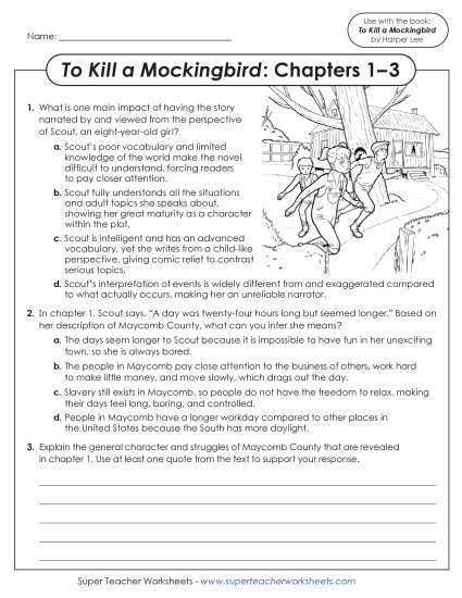Chapters 1–3 - Questions for Chapters 1–3 To Kill a Mockingbird (Printable PDF Worksheet)