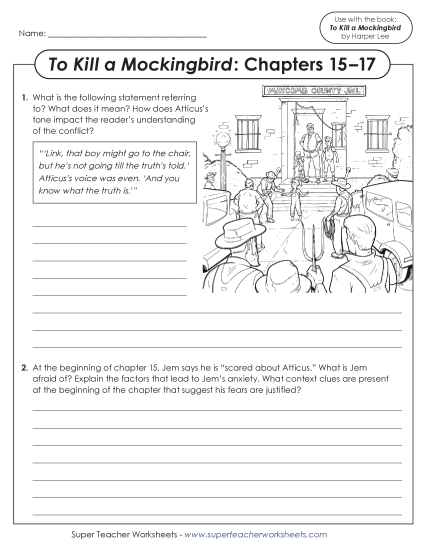 Chapters 15–17 - Questions for Chapters 15–17 To Kill a Mockingbird (Printable PDF Worksheet)