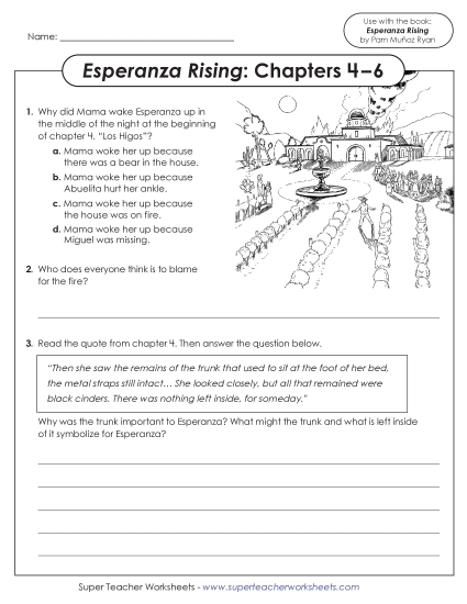 Chapters 4–6 - Questions for Chapters 4–6 (Esperanza Rising) (Printable PDF Worksheet)