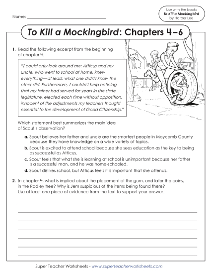Chapters 4–6 - Questions for Chapters 4–6 To Kill a Mockingbird (Printable PDF Worksheet)