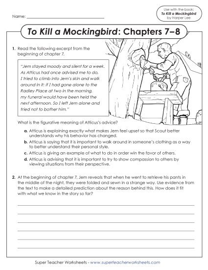 Chapters 7–8 - Questions for Chapters 7–8 To Kill a Mockingbird (Printable PDF Worksheet)