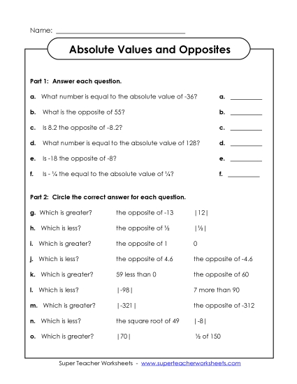 Absolute Value and Opposites - Questions on Abs. Value and Opposites Absolute Value and Opposites - Questions on Abs. Value and Opposites