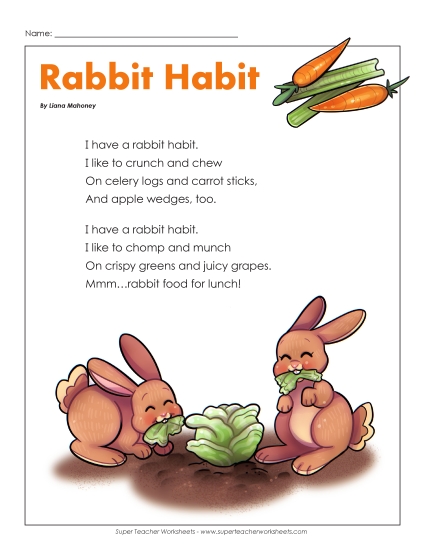 Reading Comprehension Stories & Poems - Rabbit Habit Poem