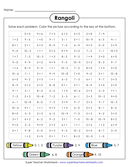 Rangoli - Rangoli: Basic Addition and Subtraction (Within 10) (Printable PDF Worksheet)
