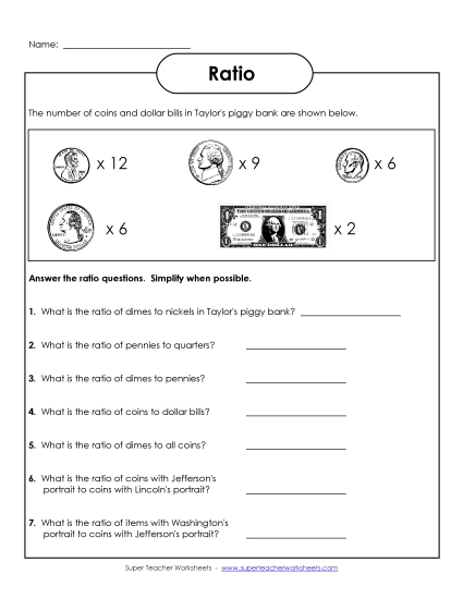 Basic Ratio Worksheets - Ratio (Coins)