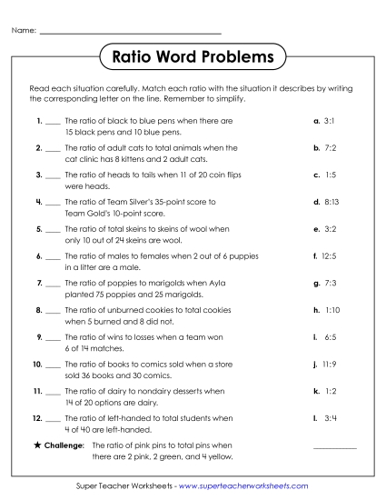 Advanced Ratio Worksheets - Ratio Word Problems Matching